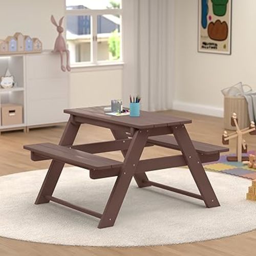 Costaelm Kids Picnic Table, HDPE All Weather Outdoor Toddler Picnic Table and Chair Set Kids Bench for Patio, Backyard, Garden, Lawn, Dark Brown