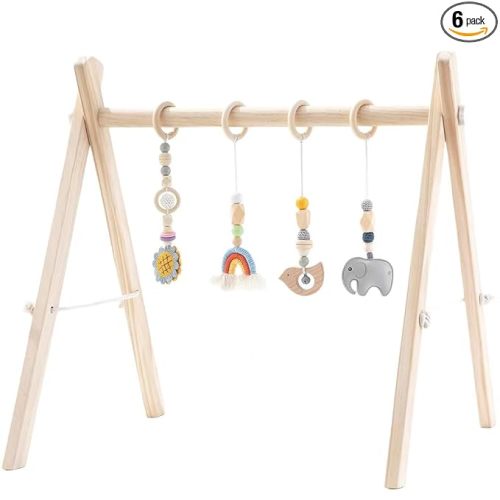 Wooden Baby Play Gym with Hanging Bar, 4 Gym Toys and Natural Pine Wood, Perfect for Infant Development