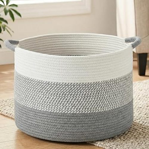 40L Large Cotton Rope Basket, Decorative Woven Blanket Storage for Living Room, Boho Toy Storage & Toy Box for Kids, Versatile Laundry Basket & Nursery Hamper for Blankets(Gery)