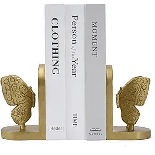 Gold Butterfly Book Ends for Shelves, Butterflies Statue Decorative Bookends for Heavy Books, Resin Book Ends with Non-Slip Felt Base for Home Farmhouse Shelves Office Lover Gift