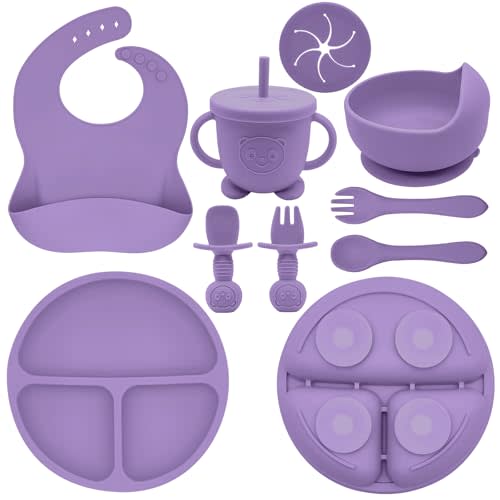 Munlinder Silicone Baby Feeding Set | Baby Led Weaning Supplies Includes Suction Bowls and Divided Plates, Adjustable Bib, Baby Utensils Spoons and Forks,Cup | Baby Feeding Essentials (Purple)