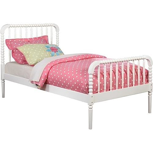 CARTESIAN Zoey Twin Size Solid Wood Slat Panel Bed Frame with Bobbin Design in White, for Girls, Kids, No Box Spring Needed