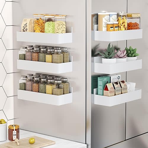 Magnetic Spice Rack for Refrigerator, Kitchen Organizer and Storage Shelf, White (6 Pack)…