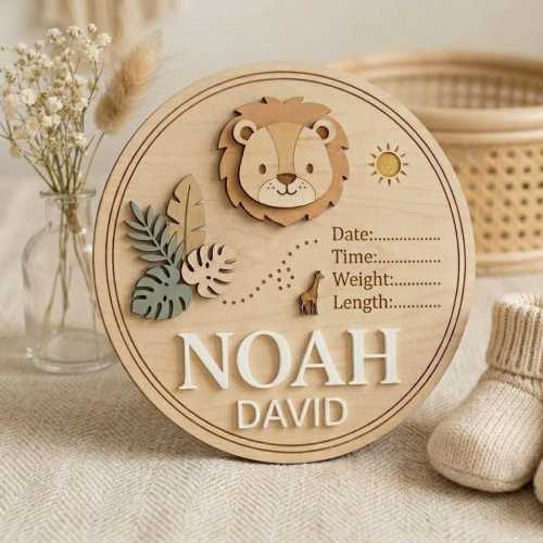 Personalized Safari Birth Announcement Sign, Custom Lion Baby Name Sign, Wooden Newborn Stats Board Nursery Decor, Round Baby Shower Gift