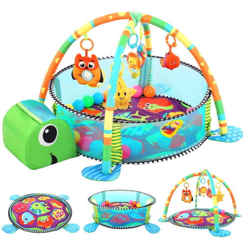 Caveen Baby Play Mat 3 in 1 Activity Gym with Hanging Toys Ocean Balls Turtle Design