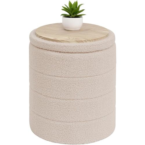 B FSOBEIIALEO Ottoman with Stroage, Round Sherpa Storage Ottoman Stool, Boucle Foot Rest 14.6"x14.6"x17.7"（Beige