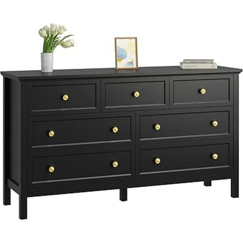 CARPETNAL 55" Black Dresser for Bedroom, 7 Drawer Black and Gold Dresser with Wide Drawers and Gold Metal Handles, Modern Dressers & Chests of Drawers for Hallyway, Entryway.