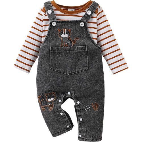 Baby Unisex Suspender Overalls Set – Vintage Striped Cotton-Spandex Long-Sleeve Tee & Washed Denim Lion-Embroidered Romper (US, Age, 3 Months, 6 Months, Brown)