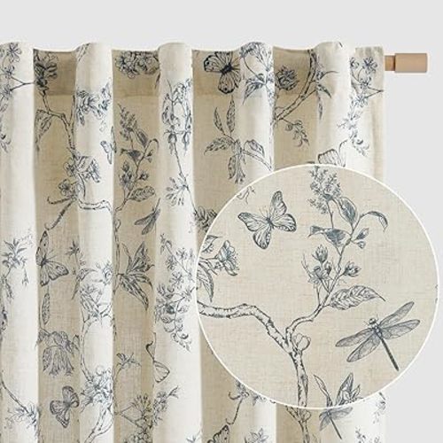 Lazzzy Blue Floral Curtains 84 Inch Length Linen Farmhouse Curtain Back Tab Drapes for Living Room Bedroom Light Filtering Vintage Rod Pocket Curtains, 2 Panels, Blue on Beige