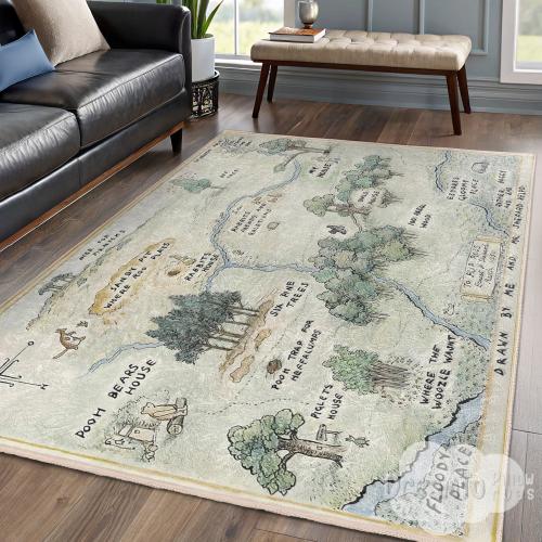 Watercolor Hundred Acre Wood Area Rug-Winnie The Pooh Storybook Landscape-Nature Green Blue River Map-Pastoral Adventure Wonderland Mat