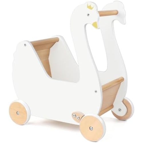 Wooden Doll Stroller, Baby Pram Toy, Wooden Swan Baby Walker for Toddler Boys & Girls 18 Months and Up
