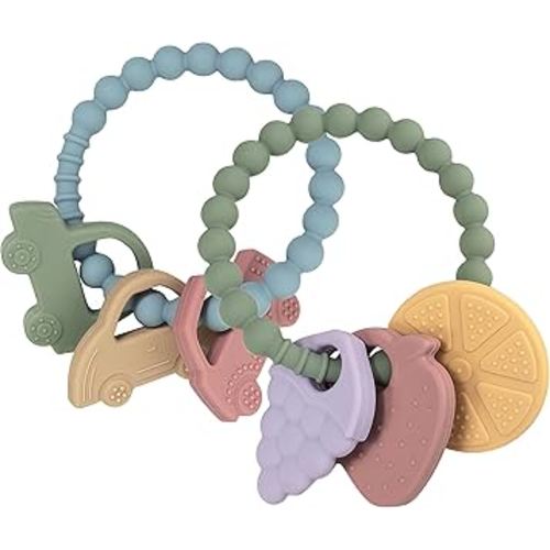 Baby Silicone Teething Toys, 2 Pack Newborn Infants Toddler Sensory Chew Toys，Textured Sensory Chewing Ring for Infants,BPA Free,Fruit and Car Patterns, Soothe Gums for 6-12 Months