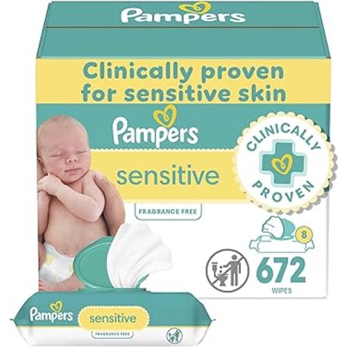 Pampers Baby Wipes, Sensitive, Water Based Wipe, Clinically Proven, Hypoallergenic, and Unscented for Babies, 672 Wipes Total (8 Flip-Top Packs)