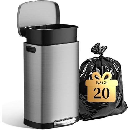 13 Gallon Trash Can with Lid, 50L Fingerprint Proof Stainless Steel Kitchen Trash Can with Removable Inner Bucket and Lid Soft Close, Pedal Rubbish Bin for Home Office（Silver）