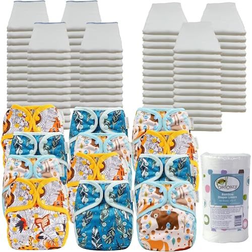 OsoCozy Prefold Cloth Diaper Package - 7 Dozen Bleached Prefolds & 12 One Size Diaper Covers. All The Cloth Nappies and Diaper Covers Needed from 7 to 30 lbs.