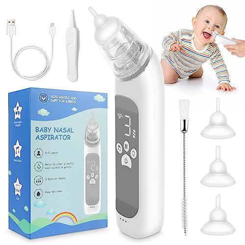 Nasal Aspirator for Baby, Electric Nose Aspirator for Toddler, Nose Sucker with Powerful Suction, Auto Nose Cleaner with 3 Silicone Tips, Adjustable Suction Level, Music and Light Soothing Function