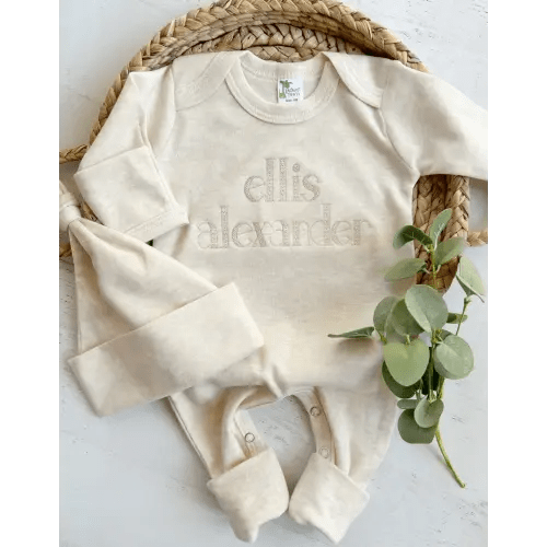 Hospital Take-Home Outfit - Personalized Baby Romper and Hat Set, Oatmeal Sketch Stitch Outfit