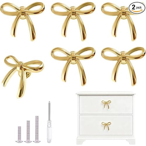 Gold Cabinet Knobs, Brushed Bow Drawer Pulls, Gold Knobs for Dresser Drawer Cupboard Furniture Closet Wardrobe Door Knobs Handles (Bow Shape- 6 Pack)