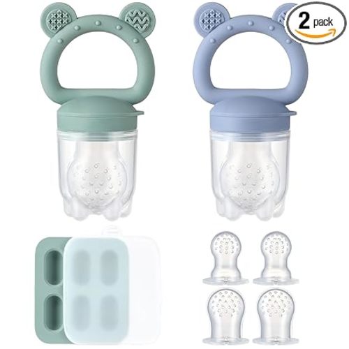 2 Pack Silicone Baby Fruit Feeder with Mini Freezer Tray, Breastmilk Popsicle Molds for Baby Teething Relief, Fresh Food Feeder for Safe Infant Self Feeding, Extra Food Pouches