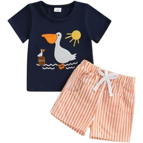 Toddler Baby Boy Summer Outfits Short Sleeve Embroidered T Shirt Tees + Striped/Plaid Shorts Infant Clothes Set