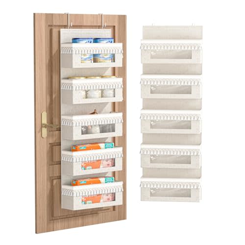 Aokeyee 5 Tier Over Door Organizer Nursery with Tassels and Clear Window | Boho Door Organizer Hanging, 65lb Behind The Door Storage for Bedroom Bathroom