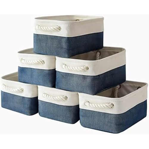 TheWarmHome Storage Basket for Organizing - Small 12x8x5.2 inch 6 Pack Collapsible Storage Bin for Shelves, Canves Storage Cubes for Organizer Cloth Box Gift Toys Closet (White & Jean Blue)