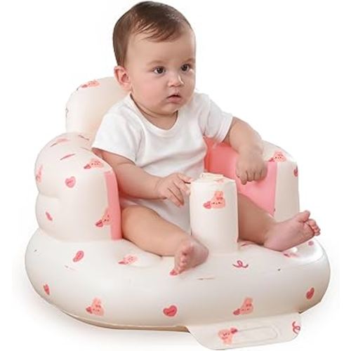 Inflatable Baby Seat for Babies 3-36 Months, Built in Air Pump Baby Chair Sit Me up Floor Seat for Baby, Bumbo Seat for Learning to Sit, Feeding, Camping (Pillar-Love Bunny)