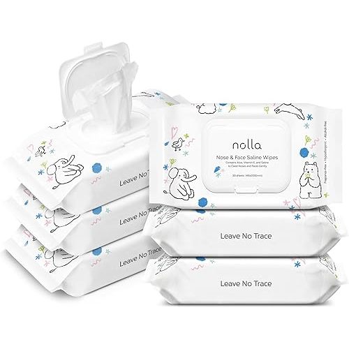 Nolla Baby Nose and Face Wipes with Saline, Vitamin E, & Aloe | Unscented | Compostable, 180 Count (6 Packs of 30)