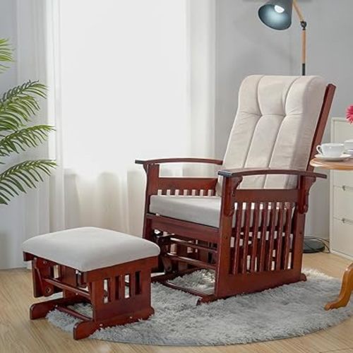 Glider Rocking Chair Nursery with Ottoman Smooth Rocking Motion, Easy to Assemble, Solid Hardwood Base Indoor Adult (Cream White)