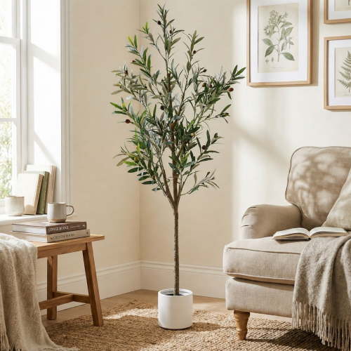 Easy4Home 5.3FT Artificial Olive Tree with Lifelike Fruits Fake Olive Plant Potted Indoor Faux Floor Plant for Home Office Decor, White Pot