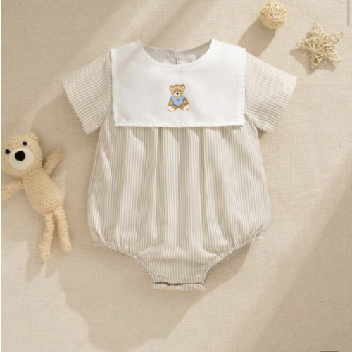 Souflis Souflis Baby Boy's Woven Bear Print Striped Short Sleeve Romper, Suitable For Gatherings In Summer | SHEIN USA