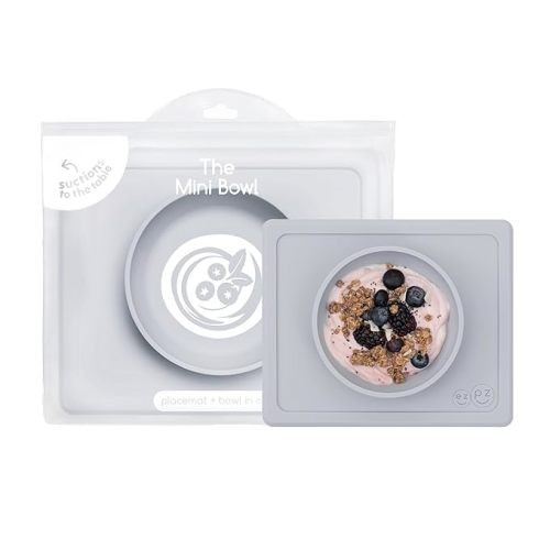 ezpz Mini Bowl (Pewter) - 12 Months+ - 100% Silicone Suction Placemat + Bowl for Toddlers - Comes with a Reusable Travel Bag