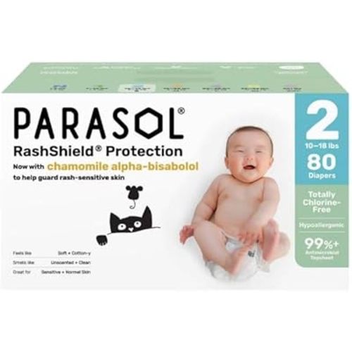 Parasol Chlorine-Free Premium Diapers with RashShield Protection, Size 2, 80 Count, 2 Pack of 40 Count