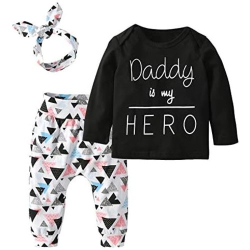Derouetkia Baby Girls 3Pcs Outfit Set Letters T-Shirt Tops Pants with Headband