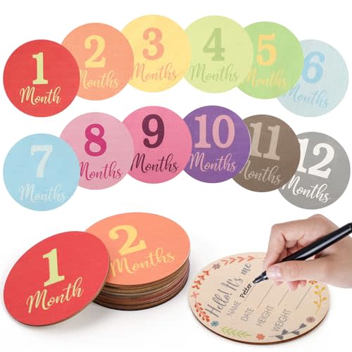 Wooden Monthly Baby Milestone Cards,Monthly Milestone Wood Discs,13 Pack Digits Printed Baby Months Signs Wood Gift Baby Announcement Props,Milestone for Baby boy Girl