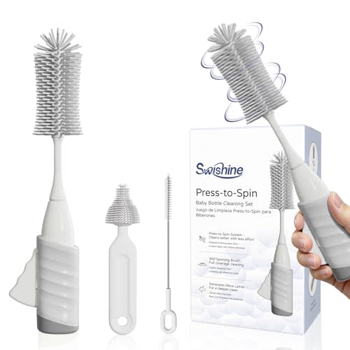 Baby Bottle Brush Set, Innovative Efficient Press-to-Spin Brush Cleaner - Includes Silicone Bottle Brush, Nipple Brush, Straw Cleaner - Spinning Generates Rich Foam for Deep Cleaning, Gray