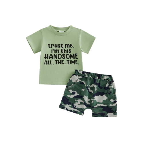 Loicainy Toddler Baby Boy Summer Clothes Set 12 18 24 Months 2T 3T 4T 5T Letter Print Short Sleeve Crew Neck T Shirt Elastic Waist Camouflage Shorts 2 Piece Outfits