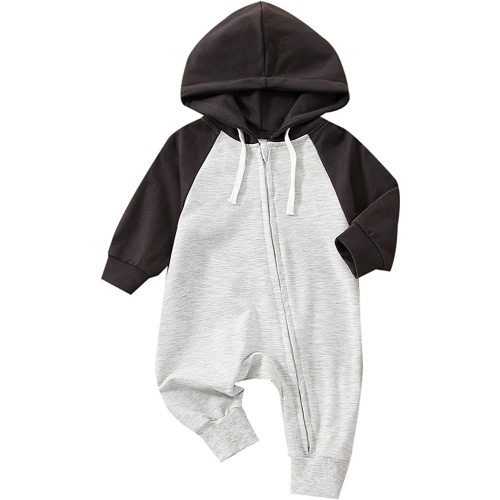 Gueuusu Infant Baby Girl Boy Hooded Jumpsuit Color Block Long Sleeve Zipper Hoodie Romper Bodysuit Unisex Fall Winter Outfits