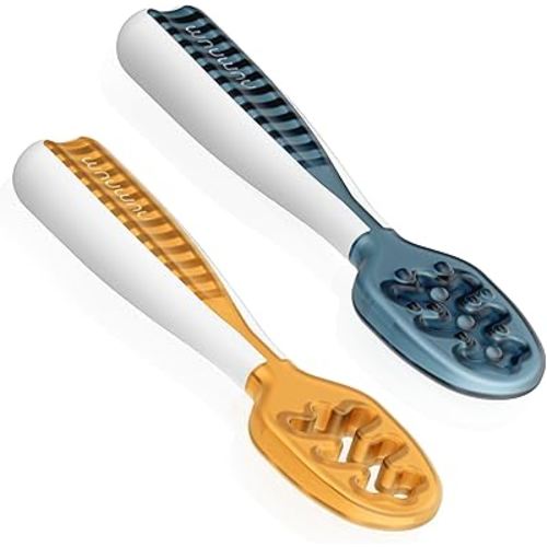 NumNum Baby Spoons Set, Baby Essentials Pre-Spoon GOOtensils for 6+ Months, First Stage Self-Feeding Spoons for Baby Led Weaning (BLW), Silicone Toddler Utensils, BPA-Free, 2 Pack Blue/Orange