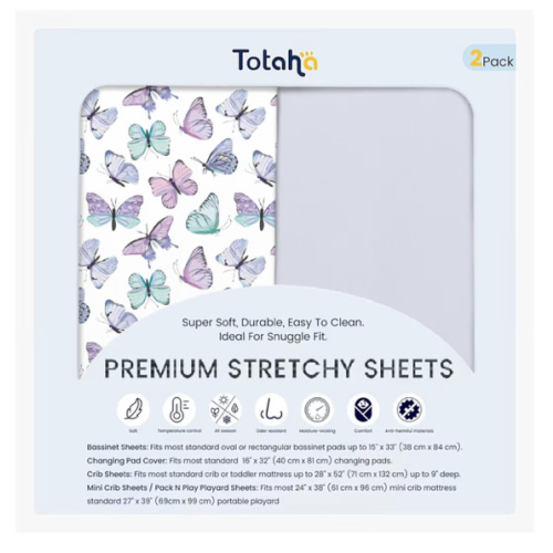 TotAha Premium Soft Pack n Play Sheets, Super Stretchy Jersey Knit Mini Crib Sheets Fitted, Silky Comfort Graco Pack and Play Mattress Sheets 2-Pack, Purple Butterfly