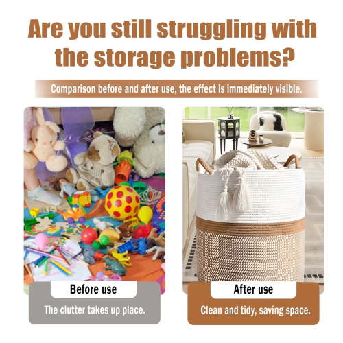 Extra Large Cotton Rope Basket for Storage, Domaci Woven Basket for Organizing, Blanket Basket Clothes Basket Laundry Hamper with Handles (16" x 20")