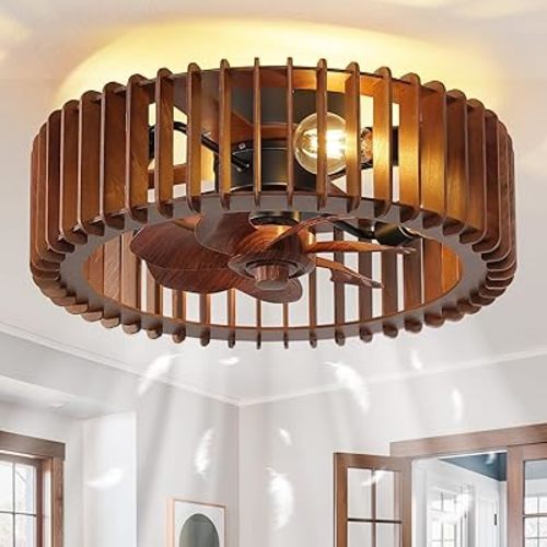 20'' Flush Mount Caged Ceiling Fan with Light, Wooden Low Profile Ceiling Fan with Light and Remote, 6 Speed and Reversible, Farmhouse Bladeless Fan Lights for Bedroom, Kitchen