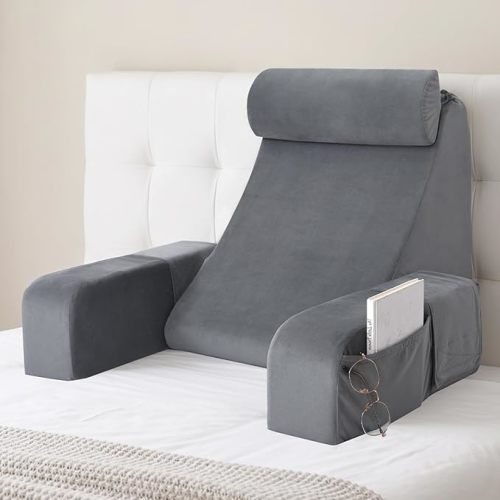 19" Reading Pillow for Bed with Firm Back Support & Big Pockets | Back Pillow for Bed Sitting Up/Watching TV/Nursing/Recovery/Gaming,High Density Foam Filling,Machine Washable Cover,Grey