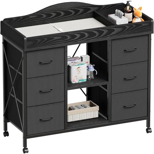 Changing Table, 6-Drawer Baby Dresser with Changing Table top,Waterproof Diaper Changing Station & Pad, 2 Height-Adjustable Open Storage Shelves, Mobile Nursery Organizer, Black