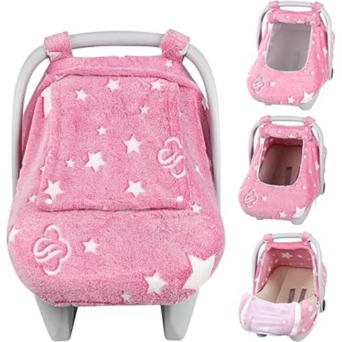 Car Seat Cover Baby Girls Boys, Soft Flannel Infant Carseat Cover with 2 Zipper Windows, Star Carrier Cover Canopy Glow in The Dark, Comfortable & Machine Washable, Hot Pink