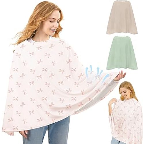 Basumee Nursing Cover for Breastfeeding Full Privacy Soft Breathable Mesh Breastfeeding Cover Multi-Use Breast Feeding Covers for Women Moms Baby Feeding Privacy Nursing Covers, Dusty Pink Bows