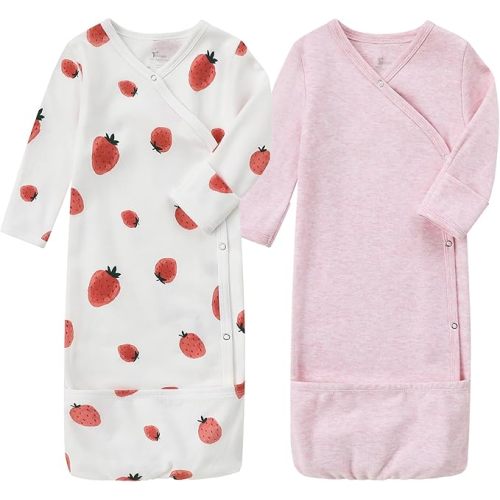 O2 BABY 100% Organic Cotton Kimono Gown with Mittens & Fold-Over Pouch
