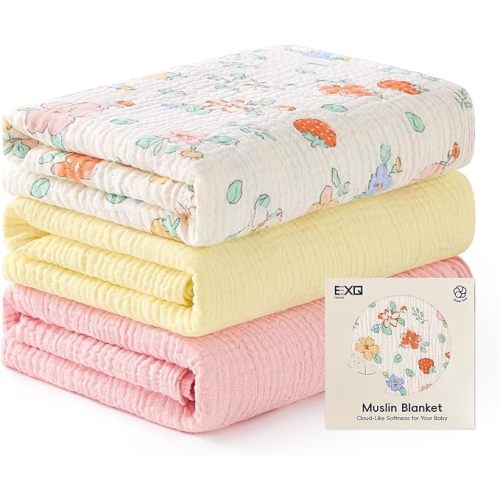 EXQ Home Muslin Swaddle Blankets for Baby, 3 Pack Cotton Breathable Soft Receiving Blankets for Newborn Boys and Girls, Baby Essentials & Gift, 38x40 inches(Little Strawberry)