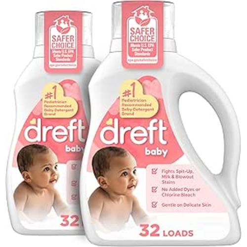 Dreft Baby Liquid Laundry Detergent, Gentle on Sensitive Skin Laundry Soap, 42 fl oz, 32 Loads, Pack of 2 (Packaging May Vary)