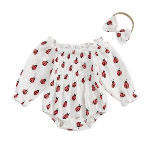 MOBJVIY Baby Girls Clothes Comfy Off Shoulder Long Sleeve Smocked Bodysuit Newborn Girl Christmas Outfit